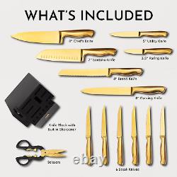 14 Piece Gold Knife Set Block & Sharpener Includes Full Tang Self Sharpening NEW