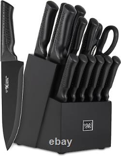 15Pcs Black Knife Set Kitchen with Block Self Sharpening Knives Anti-Slip Handle