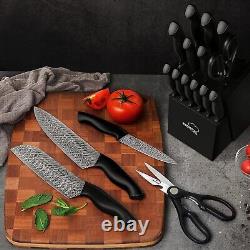 15 Pieces Damascus Kitchen Knife Set with Built in Knife Sharpener Block, Dishwa
