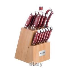 16 pc. Bamboo Block knife set G10 Handles German Steel CRIMSON Series Ergo Chef