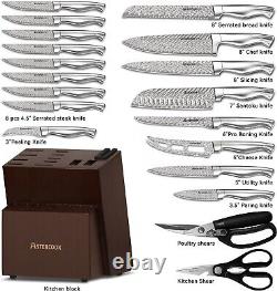 Astercook Knife Set, 21 Pieces Damascus Kitchen Knife Set with Block, Built-in