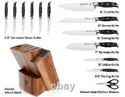 BRODARK Kitchen Knife Set with Block, Full Tang 15Pcs Professional Chef Knife Set