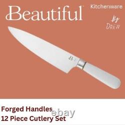 Beautiful 12-piece Forged Kitchen Knife Set in White with Wood Storage Block, by