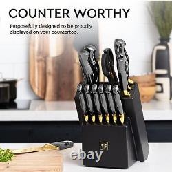 Black and Gold Knife Set with Sharpener- 14 PC Gold Knife Set with Block and