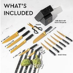 Black and Gold Knife Set with Sharpener- 14 PC Gold Knife Set with Block and