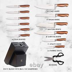 Copper Knife Set with Block 14 PC Self Sharpening Knife Block Set Rose Go