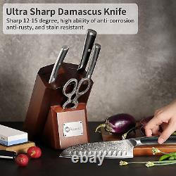 Damascus Knives Set with Block, 7PCS Kitchen Chef Knife Kitchen Cooking Cutlery