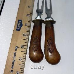 Hand-Carved Stainless Steel Cutlery Set With Wooden Knife Block RARE