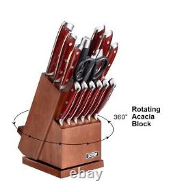 Karcu Rotating Acacia Block 15 Piece German Carbon Steel Kitchen Knife Set