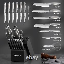 Knife Set with Block, 15 Pieces Kitchen Knife Set with Built-In Sharpener, Germa