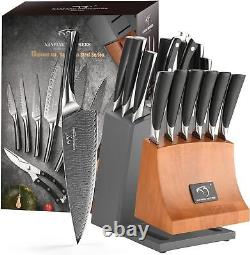 NANFANG BROTHERS Knife Set, 15-Piece Damascus Kitchen Knife Set with Block, ABS