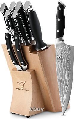 NANFANG BROTHERS Knife Set, 9 Pieces Damascus Kitchen Knife Set with Block, ABS