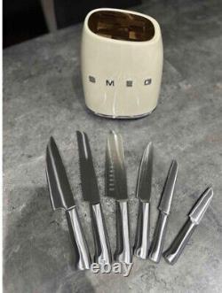 SMEG 7 Stainless Steel Products Knife Block Set of 6 Knives and Block- beige