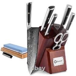 Sunnecko Damascus Knives Set with Block, 7PCS Kitchen Chef Knife with Shears