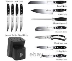 TUO 12 Pcs Knife Set w Wooden Block (BLACK HAWK SERIES) German Steel
