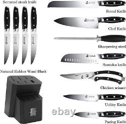 TUO Kitchen Knife Set 12 Pcs Knife Set with Wooden Block, BLACK HAWK SERIES
