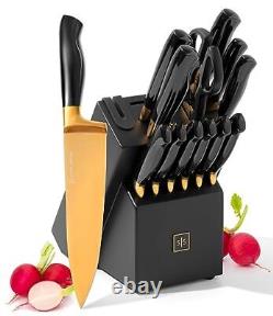 A set of black and gold knives with a sharpener - Ensemble de couteaux noir et or avec affûteur - Ensemble de couteaux en or de 14 pièces avec bloc et affûteur.