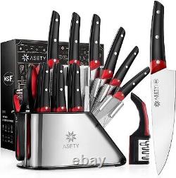 Ensemble de 15 couteaux de cuisine en acier inoxydable avec ciseaux, affûteur et bloc en bois.