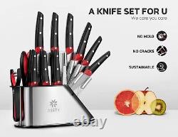 Ensemble de 15 couteaux de cuisine en acier inoxydable avec ciseaux, affûteur et bloc en bois.