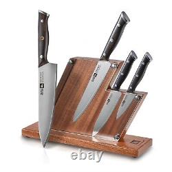 Ensemble de couteaux Klaus Meyer Rondure en acier tri-ply haute teneur en carbone de 4 pièces avec bloc en bois.