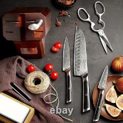 Ensemble de couteaux Sunnecko avec bloc Damascus 7 pièces Ensemble de couteaux de cuisine Bloc de couteaux Pierre à aiguiser