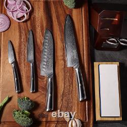 Ensemble de couteaux Sunnecko avec bloc de couteaux Damascus 7 pièces Ensemble de bloc de couteaux de cuisine Pierre à aiguiser