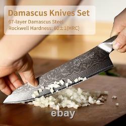 Ensemble de couteaux Sunnecko avec bloc de couteaux Damascus 7 pièces Ensemble de bloc de couteaux de cuisine Pierre à aiguiser