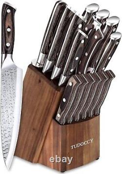 Ensemble de couteaux de 16 pièces avec aiguiseur intégré et bloc en bois en acier inoxydable allemand
