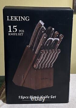 Ensemble de couteaux de bloc Leking 15 pièces en bois de haute qualité en acier inoxydable au carbone neuf dans sa boîte