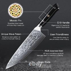 Ensemble de couteaux de cuisine TURWHO avec ciseaux, couteau de chef en acier damas VG10 et rangement en bloc