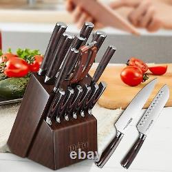 Ensemble de couteaux de cuisine avec bloc à couteaux, aiguisoir en bois, couteaux de chef en acier inoxydable et coutellerie