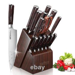 Ensemble de couteaux de cuisine de 15 pièces avec bloc en bois en acier inoxydable professionnel - Cadeau