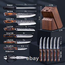 Ensemble de couteaux, ensemble de couteaux de cuisine avec bloc, ensemble de couteaux ultra-tranchants de 15 pièces avec S.