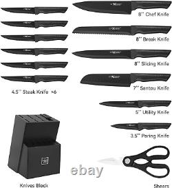 Ensemble de couteaux noirs de 15 pièces pour cuisine avec bloc auto-affûté, couteaux à poignée antidérapante
