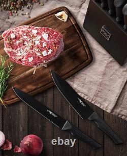 Ensemble de couteaux noirs de 15 pièces pour cuisine avec bloc auto-affûté, couteaux à poignée antidérapante