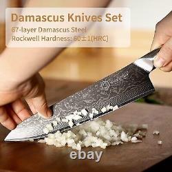 Sunnecko Ensemble de couteaux damas avec support, 7 pièces de couteaux de cuisine avec ciseaux