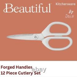 Superbe ensemble de couteaux de cuisine forgés en 12 pièces en blanc avec bloc de rangement en bois, par.